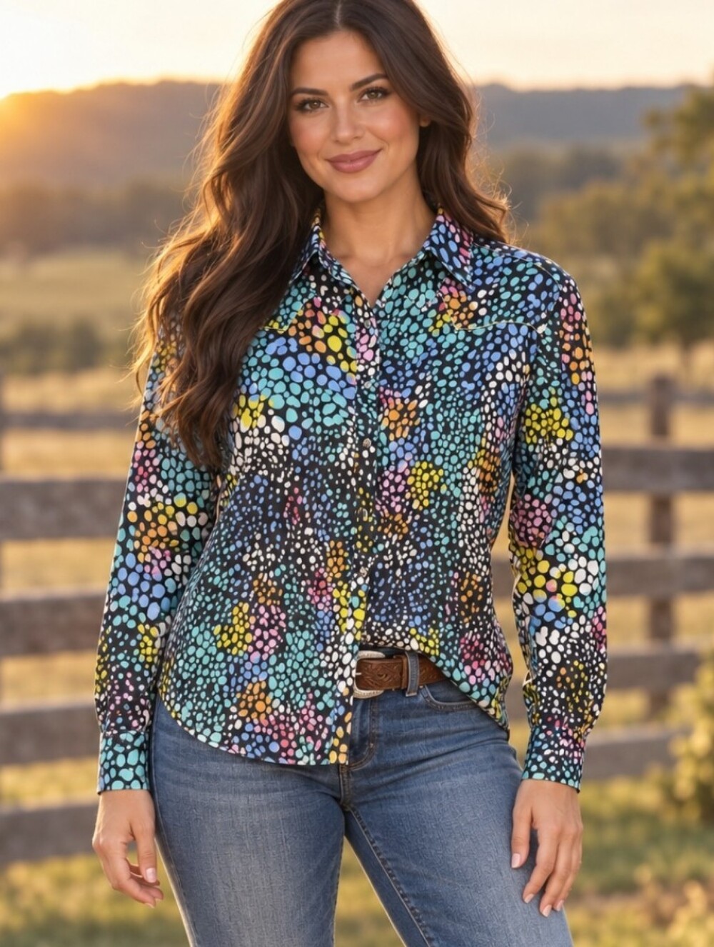 Wrangler Multicolor Abstract Dot Western Snap Shirt Women’s Large Cowgirl